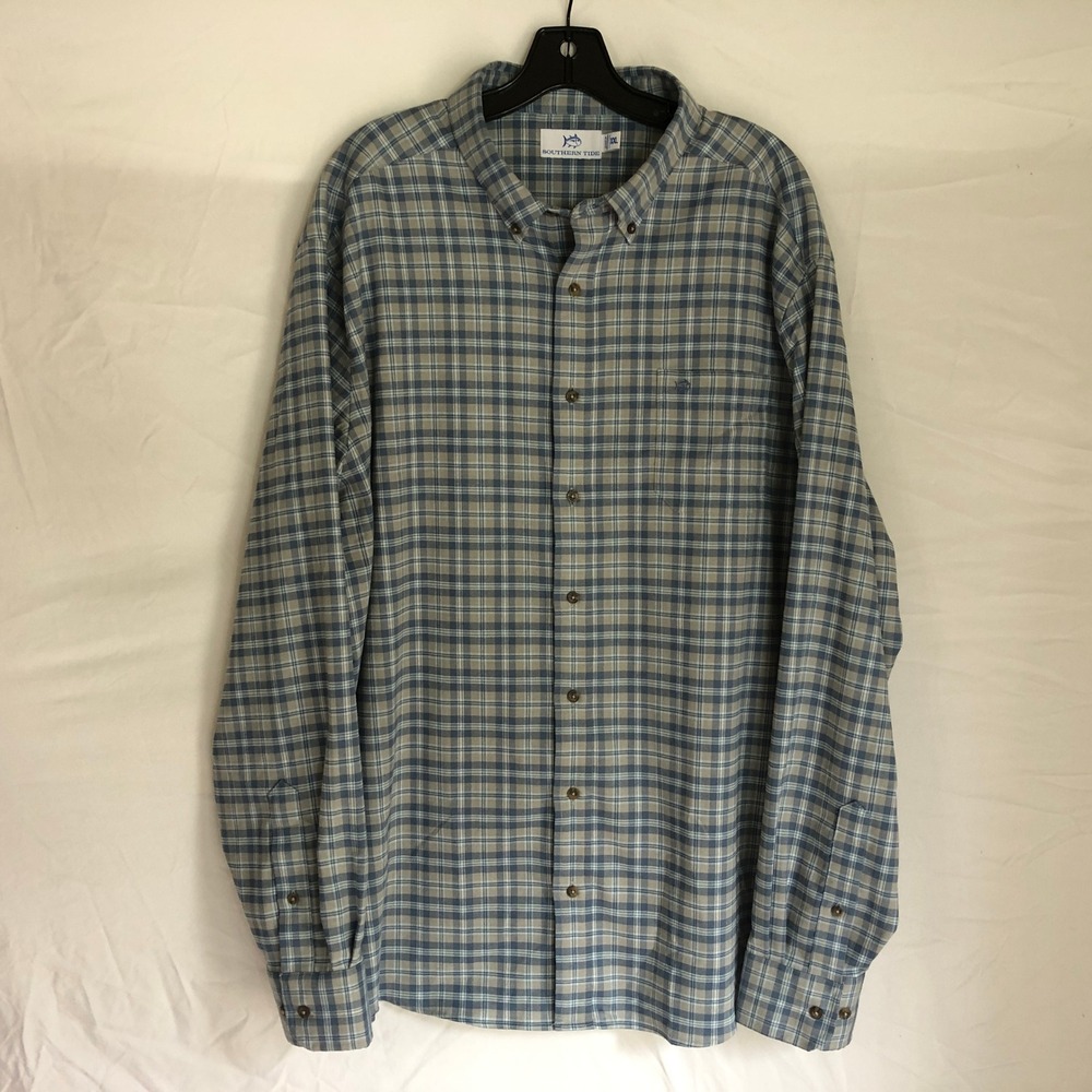 Southern Tide Mens XXL Blue Tan Plaid Performance Long Sleeve Button Down Shirt